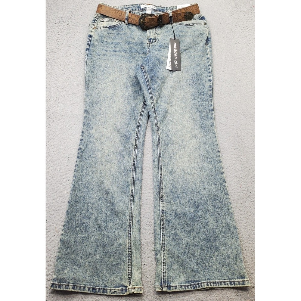 Madden Girl Bootcut Jeans Womens 13 Multi Denim Acid Wash Belted Waist Mid Rise